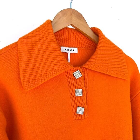 Sandro Menton Knit Wool Cashmere Orange Polo Sweater Jumper Rhinestone Small - Picture 6 of 10